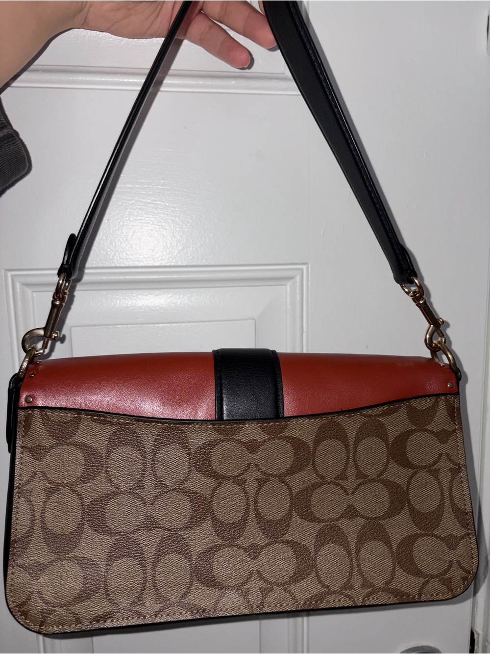 Coach Shoulder Bag Brown Tan Black Red with Signature Canvas - Picture 7 of 10